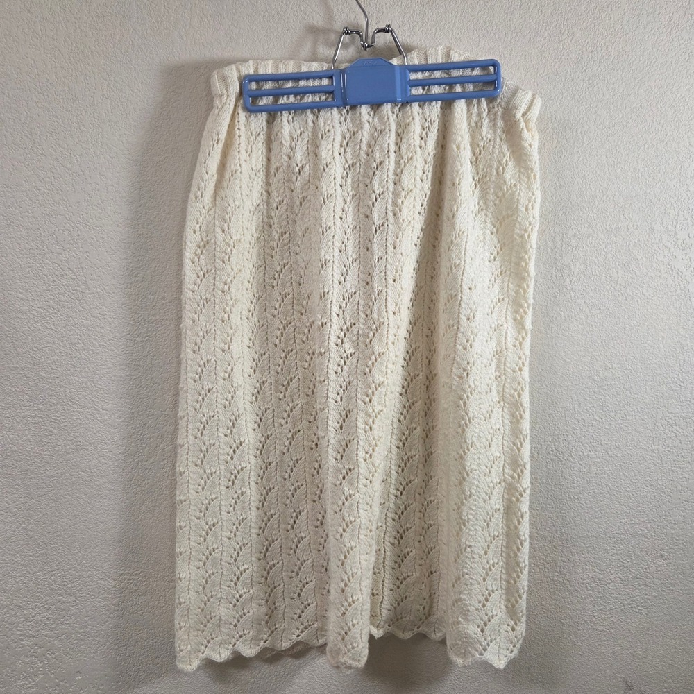 Vtg Handknit Wool Ivory Pointelle Knit Midi Skirt Cream Cottagecore